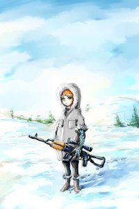 Rating: Safe Score: 0 Tags: green_eyes gun hairpin hood mechanical_arm orange_hair outdoors weapon winter User: (automatic)Anonymous