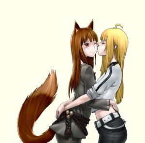 Rating: Questionable Score: 0 Tags: 2girls ahoge animal_ears blonde_hair brown_hair dobro-chan dobrochan.ru highres horo kiss long_hair simple_background spice_and_wolf tail transparent_background yuri zaagn_(artist) User: (automatic)Radjah