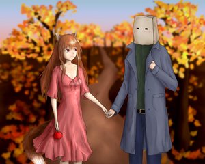 Rating: Safe Score: 0 Tags: animal_ears anonymous apple autumn bag_on_head belt blush brown_hair coat dress holding_hands horo long_hair nature outdoors red_eyes road sky smile spice_and_wolf tail tree User: (automatic)nanodesu
