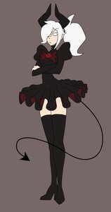 Rating: Safe Score: 0 Tags: :< 1girl black_dress bow dress frilled_dress grey_background horns medium_hair monster_girl ponytail simple_background sketch solo tail white_hair zettai_riyoki User: (automatic)Willyfox