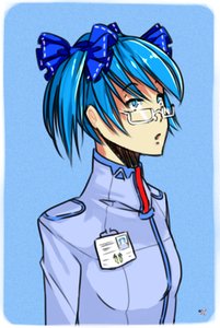 Rating: Safe Score: 0 Tags: alternate_costume alternate_hairstyle blue_eyes blue_hair bow cirno glasses oxykoma_(artist) short_hair touhou twintails User: (automatic)nanodesu