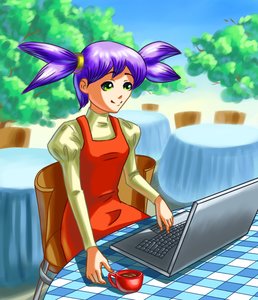 Rating: Safe Score: 0 Tags: alternate_costume computer dress green_eyes laptop nature purple_hair sky smile table tea tree twintails unyl-chan User: (automatic)timewaitsfornoone