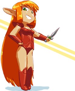 Rating: Safe Score: 0 Tags: 1girl boots chibi elf green_eyes grin hand_on_hip knife leotard long_hair orange_hair pointy_ears simple_background smile solo teeth weapon User: (automatic)Anonymous