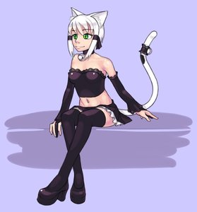 Rating: Safe Score: 0 Tags: 1girl animal_ears bell black_legwear cat_ears collar crossed_legs gloves green_eyes high_heels midriff navel purple_background ribbon shoes short_hair simple_background sitting skirt smile solo tail thighhighs tubetop white_hair User: (automatic)Anonymous