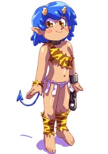 Rating: Safe Score: 0 Tags: 1girl /an/ barefoot blue_hair blush_stickers chain collar cuffs fang has_child_posts horns midriff navel oni pointy_ears short_hair simple_background smile solo tail tiger_print yellow_eyes User: (automatic)Anonymous