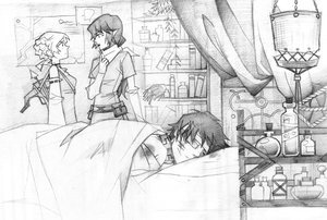 Rating: Safe Score: 0 Tags: 1boy bag bandages bed bookshelf character_request crossbow detached_sleeves elf elf_ears eye_patch glasses lantern lying map monochrome okha_(artist) pointy_ears room sick sketch tagme traditional_media weapon User: (automatic)Willyfox