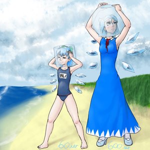 Rating: Safe Score: 0 Tags: 2girls blue_eyes blue_hair bow bowl cirno cloud dress dual_persona f2d_(artist) fishbowl nature outdoors school_swimsuit short_hair sky swimsuit tagme touhou water wings User: (automatic)nanodesu