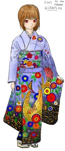 Rating: Safe Score: 0 Tags: 1girl brown_hair full_body japanese_clothes kimono mole red_eyes simple_background skazka-kun_(artist) solo standing sup tabi text User: (automatic)derp