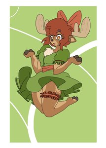 Rating: Safe Score: 0 Tags: 1girl anthro bow breasts brown_eyes brown_hair dress elk furry green green_background hoofs horns jump open_mouth short_hair skirt_lift solo User: (automatic)Willyfox