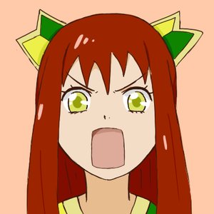 Rating: Safe Score: 0 Tags: 1girl banhammer-tan brown_hair green_eyes long_hair lowres open_mouth orange_background portrait simple_background solo wakaba_mark User: (automatic)Anonymous