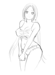 Rating: Questionable Score: 0 Tags: breasts long_hair monochrome shorts simple_background sketch top torn_clothes twintails v_hands User: (automatic)nanodesu