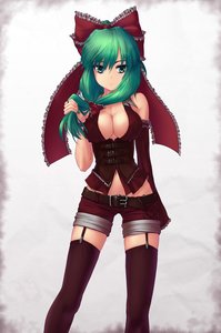 Rating: Safe Score: 0 Tags: 1girl alternate_costume belt breasts cleavage contemporary corset detached_sleeves front_ponytail garter_straps green_eyes green_hair hater_(artist) highres kagiyama_hina long_hair main_page nail_polish navel piercing ribbon shorts solo thighhighs /to/ touhou User: (automatic)Anonymous