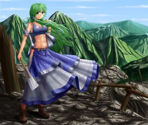 Rating: Safe Score: 0 Tags: cleavage crop_top gohei green_eyes green_hair hater_(artist) kochiya_sanae landscape long_hair midriff mountains nature navel outdoors skirt smile /to/ touhou wind User: (automatic)nanodesu