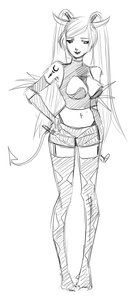 Rating: Safe Score: 0 Tags: devil_tail elbow_gloves gloves hands_on_hips horns long_hair monochrome shorts simple_background sketch tail thighhighs twintails User: (automatic)nanodesu