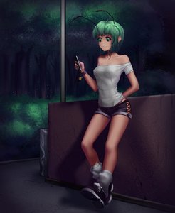 Rating: Safe Score: 0 Tags: 1girl alternate_costume antennae contemporary full_body green_eyes green_hair hater_(artist) night outdoors phone rumia shirt short_hair shorts solo /to/ touhou toy tree t-shirt wriggle_nightbug User: (automatic)Anonymous