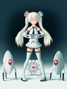 Rating: Safe Score: 0 Tags: boots companion_cube elbow_gloves glados gloves heart long_hair miniskirt necktie portal skirt turret twintails white_hair User: (automatic)whisperer