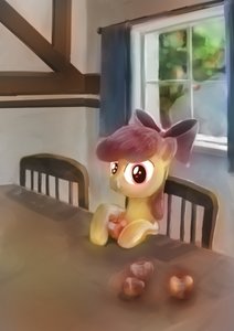 Rating: Safe Score: 0 Tags: animal apple apple_bloom bow /bro/ fine_art_parody my_little_pony no_humans parody pony room sitting table window User: (automatic)Anonymous