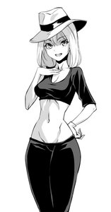 Rating: Safe Score: 0 Tags: 1girl /an/ breasts cleavage crop_top gloves hand_on_hip hat midriff monochrome navel open_mouth pants simple_background single_glove smile solo User: (automatic)Anonymous