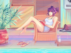 Rating: Safe Score: 0 Tags: 1girl bag barefoot book chair feet glass green_eyes indoors plant pool purple_hair sandals shorts sitting solo swimming_pool top twintails unyl-chan water User: (automatic)Anonymous