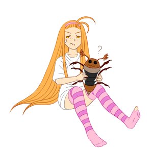 Rating: Safe Score: 0 Tags: ahoge bandaid beetle freckles hole insect long_hair orange_hair shirt simple_background sitting striped thighhighs t-shirt User: (automatic)nanodesu