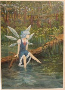 Rating: Safe Score: 0 Tags: /an/ atmospheric bare_legs blue_hair bow cirno dress forest nature outdoors shinkai_project short_hair sitting touhou traditional_media tree water wings User: (automatic)nanodesu