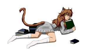 Rating: Safe Score: 0 Tags: animal_ears ass book bow braid brown_hair cat_ears hudozhnik-kun_(artist) long_hair lying ribbon simple_background smile socks tail uvao-chan yellow_eyes User: (automatic)herp
