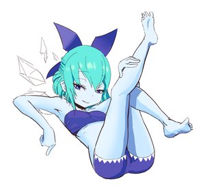 Rating: Safe Score: 0 Tags: 1girl ass barefoot bikini blue_eyes blue_hair blue_skin bow cirno hair_bow short_hair simple_background smile solo swimsuit touhou wings User: (automatic)Anonymous