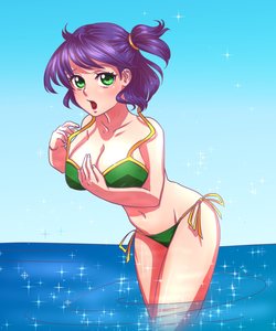 Rating: Safe Score: 0 Tags: 1girl bikini green_eyes highres orikanekoi_(artist) outdoors purple_hair solo surprised swimsuit twintails untied unyl-chan wading wardrobe_malfunction water User: (automatic)Anonymous