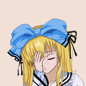 Rating: Safe Score: 0 Tags: blonde_hair bow closed_eyes facepalm futaba_colors futaba_style long_hair rozen_maiden shinku simple_background twintails User: (automatic)nanodesu