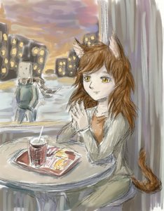 Rating: Safe Score: 0 Tags: animal_ears anonymous bag_on_head brown_hair cat_ears city cityscape colored food has_child_posts mcdonalds scarf sitting smile sunset table tail traditional_media uvao-chan window yellow_eyes User: (automatic)nanodesu