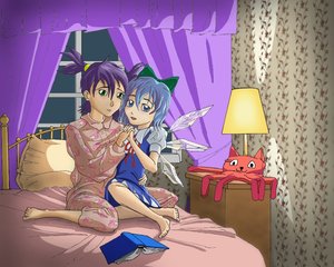 Rating: Safe Score: 0 Tags: 2girls barefoot bed blue_eyes blue_hair book bow cirno dress friends green_eyes holding_hands lamp octocat pajamas pillow plush_toy purple_hair sitting slowpoke touhou twintails unyl-chan window wings User: (automatic)timewaitsfornoone
