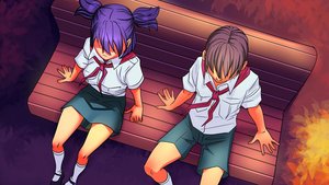 Rating: Safe Score: 0 Tags: 1boy bench brown_hair eroge from_above game_cg highres necktie outdoors pioneer pioneer_necktie pioneer_uniform purple_hair semyon_(character) shirt short_hair shorts sitting skirt twintails unyl-chan User: (automatic)Anonymous
