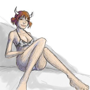 Rating: Safe Score: 0 Tags: bikini breasts brown_eyes brown_hair cow freckles horns korowa-chan sitting sketch smile swimsuit twintails User: (automatic)Koto-kun
