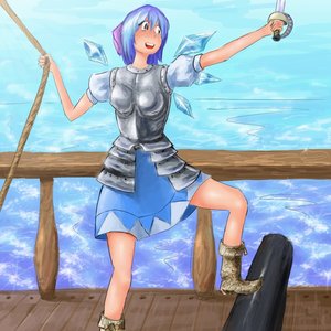 Rating: Safe Score: 0 Tags: 1girl armor blue_hair boots breastplate cirno colored freckles open_mouth pirate rope sabre ship short_hair smile solo touhou water weapon wings User: (automatic)Anonymous