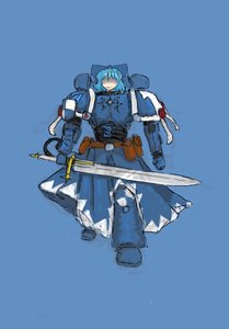 Rating: Safe Score: 2 Tags: alternate_costume armor blue_hair bow cirno panzermeido_(artist) parody possible_duplicate power_armor short_hair simple_background smile space_marine sword touhou warhammer_40k User: (automatic)Willyfox