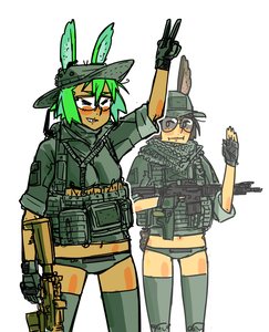 Rating: Safe Score: 0 Tags: 2girls animal_ears black_hole-chan blush bomb-chan bomb-kun_(artist) brown_hair bunny_ears bunny_tail glasses green_hair hat military military_uniform panties short_hair tail thighhighs v weapon User: (automatic)Anonymous