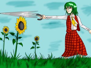 Rating: Safe Score: 0 Tags: flower grass green_hair kazami_yuuka nature outdoors red_eyes short_hair sky sunflower /to/ touhou umbrella User: (automatic)nanodesu