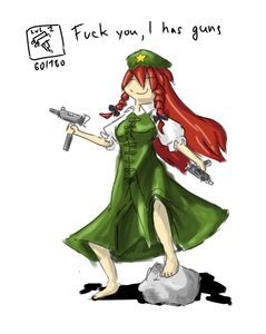 Rating: Safe Score: 0 Tags: bare_legs beret braid chinese_clothes gun hat hong_meiling long_hair panzermeido_(artist) red_hair rock simple_background smile touhou twin_braids weapon User: (automatic)nanodesu