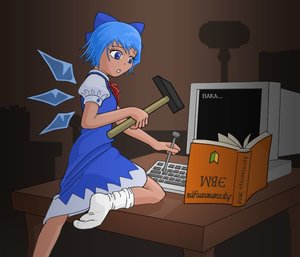 Rating: Safe Score: 1 Tags: baka blue_eyes blue_hair book bow cirno computer dark dress hammer main_page room socks table touhou wings you're_doing_it_wrong User: (automatic)timewaitsfornoone