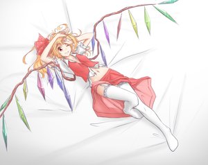 Rating: Questionable Score: 0 Tags: blonde_hair bow flandre_scarlet from_above hater_(artist) lying red_eyes thighhighs /to/ touhou upskirt white_legwear wings wink User: (automatic)Anonymous