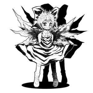 Rating: Safe Score: 0 Tags: ahoge bandaid blush bow cirno dress hands_behind_back monochrome open_mouth short_hair simple_background smile socks touhou wings User: (automatic)ii