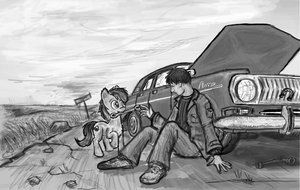 Rating: Safe Score: 0 Tags: 1boy animal /bro/ car has_child_posts monochrome mouth_hold my_little_pony my_little_pony_friendship_is_magic outdoors pony road sad sitting sketch sky tagme User: (automatic)Anonymous