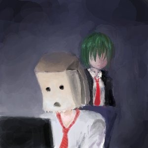 Rating: Safe Score: 0 Tags: anonymous bag_on_head computer green_hair lowres monitor necktie /o/ oekaki short_hair User: (automatic)nanodesu