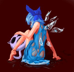 Rating: Questionable Score: 0 Tags: 1girl ass barefoot biting blue_eyes blue_hair bow cat cirno dress from_behind hair_bow short_hair sitting solo water wet wet_clothes wings zlokot User: (automatic)Anonymous