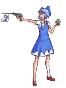 Rating: Safe Score: 0 Tags: 1girl blue_hair bow cirno co2_(artist) co_(artist) dress frog holding kneesocks pistol short_hair simple_background single_sock solo touhou weapon User: (automatic)Anonymous