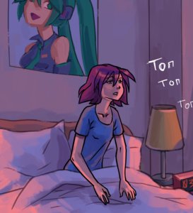 Rating: Safe Score: 0 Tags: 1girl alternate_hairstyle bed clock co2_(artist) co_(artist) hatsune_miku indoors lamp pillow poster purple_hair shirt solo t-shirt unyl-chan vocaloid User: (automatic)Anonymous