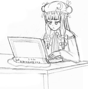 Rating: Safe Score: 2 Tags: book bow hat laptop long_hair monochrome patchouli_knowledge sitting sketch table /to/ touhou traditional_media User: (automatic)nanodesu