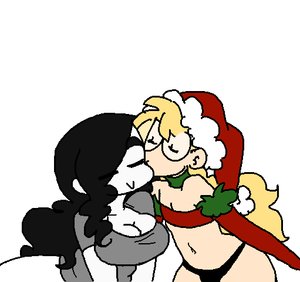 Rating: Safe Score: 0 Tags: :> 1boy 1girl bandeau black_hair blonde_hair breasts character_request cheek_kiss choker cleavage closed_eyes elbow_gloves eyebrows glasses gloves hat jet_(artist) kiss long_hair midriff new_year panties partially_monochrome santa_costume santa_hat simple_background smile tagme trap User: (automatic)Anonymous