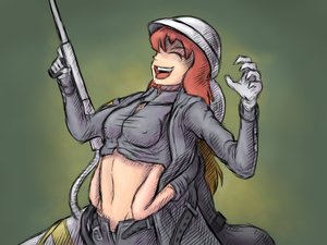 Rating: Questionable Score: 0 Tags: 2girls /an/ blonde_hair breasts gloves hat midriff navel red_hair tickling uniform weapon User: (automatic)Anonymous