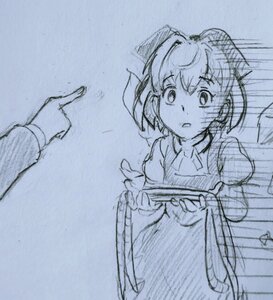 Rating: Safe Score: 0 Tags: 1girl bow cirno dress hair_bow holding ice_wings long_sleeves looki_at_another monochrome neck_ribbon open_mouth pointing pun raised_hands rope short_hair short_sleeves sketch traditional_media wide-eyed wings User: Anonymous